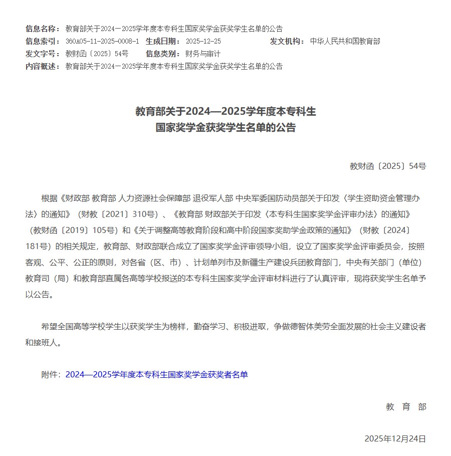 【榜樣引領】優秀！教育部公布2024—2025學年度本專科生國家獎學金獲獎學生名單，77名保理學子榮獲國家獎學金！